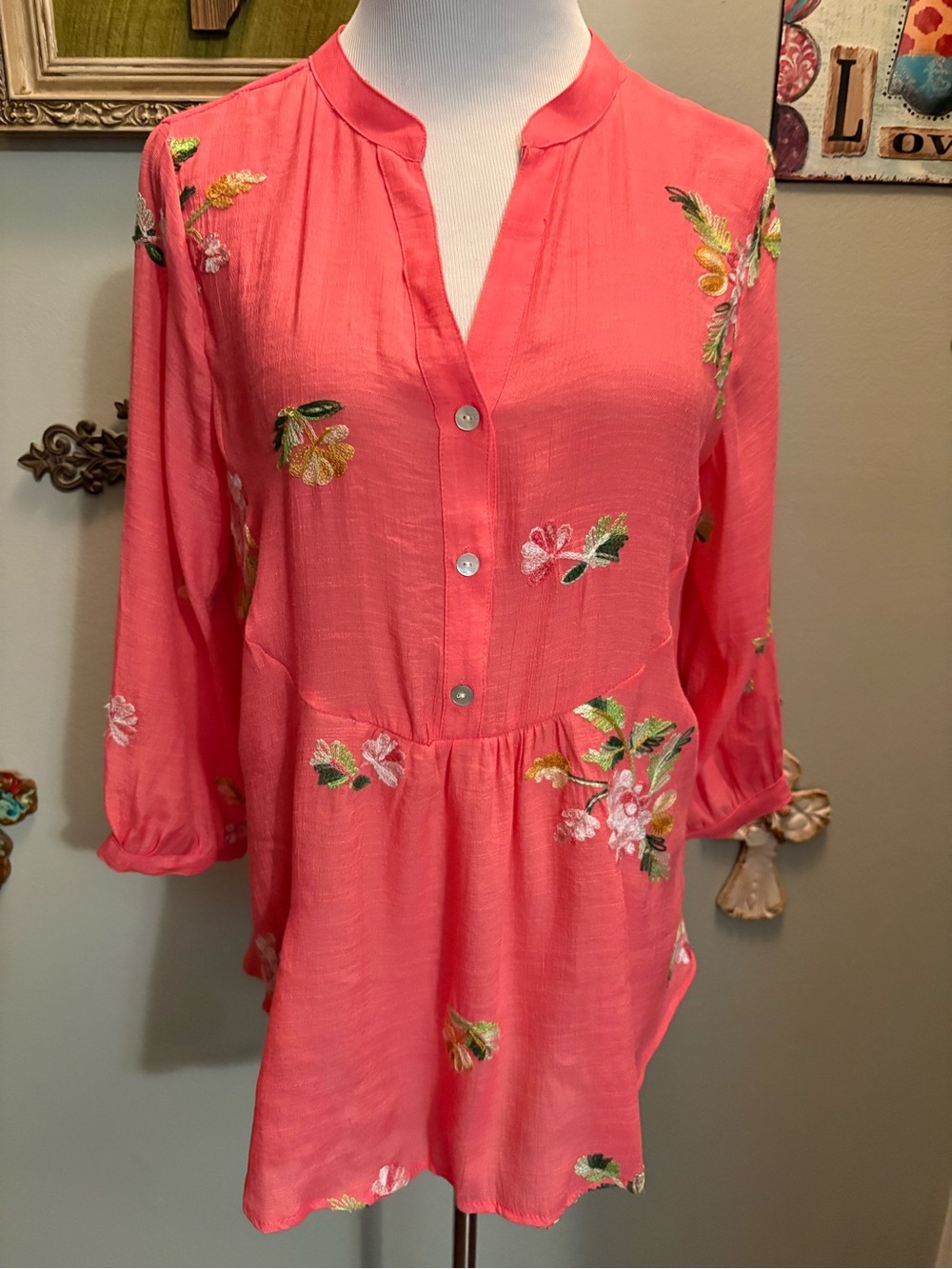 Hope Springs Coral Floral Embroidered Tunic Top